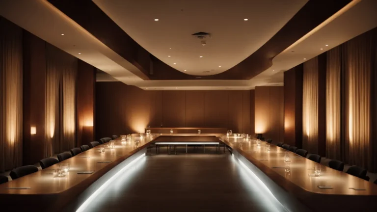 a grand, modern meeting room with a long table, surrounded by chairs, under the glow of elegant lighting.