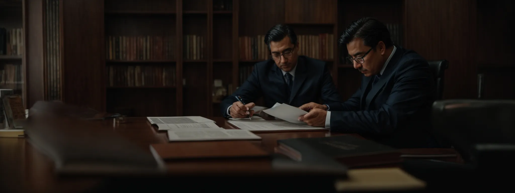 two professionals are intently reviewing a large document on a desk, surrounded by legal books.