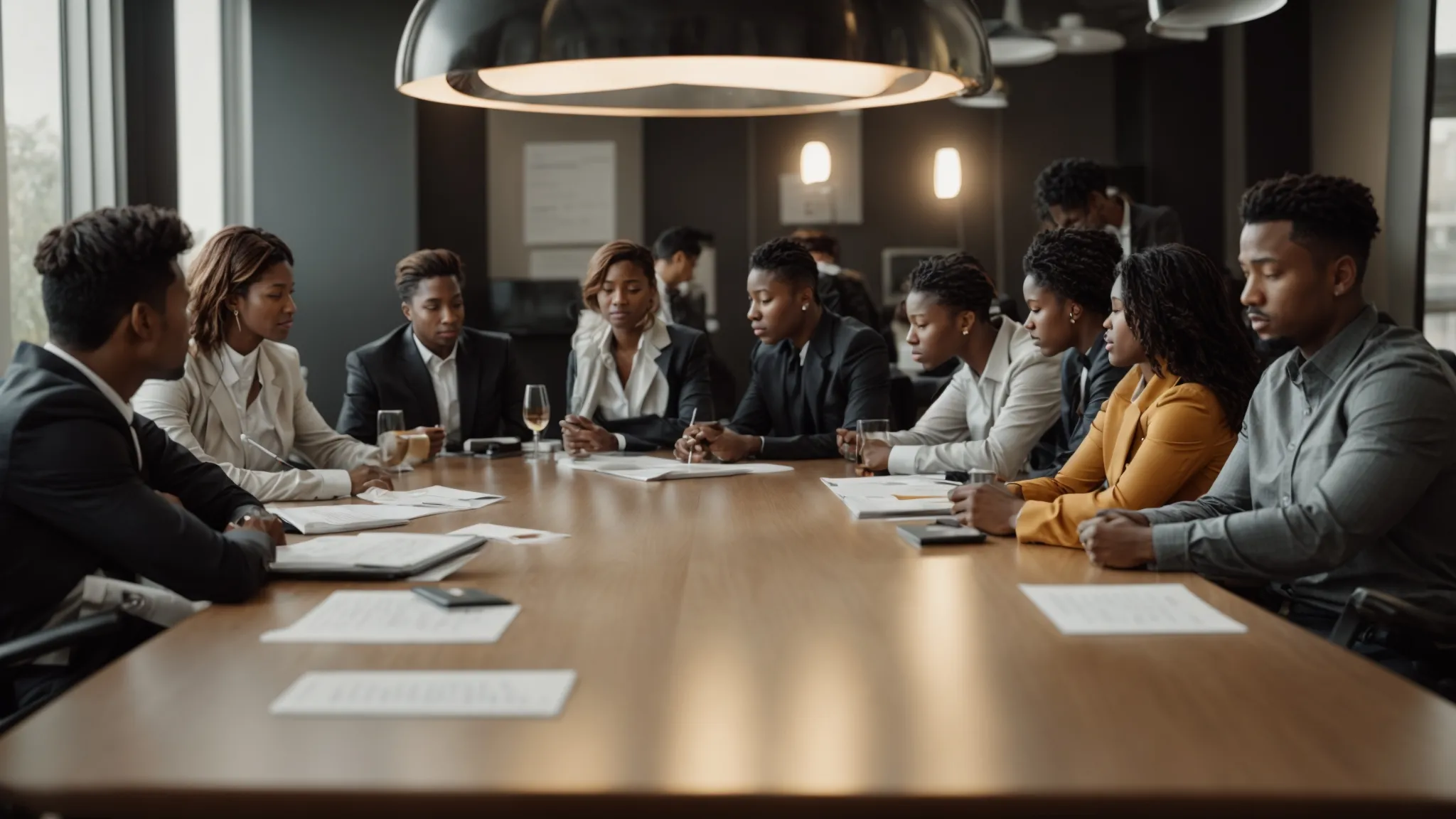 Diverse team of professionals engaged in discussion around a conference table, emphasizing collaboration and strategic planning in a corporate environment.