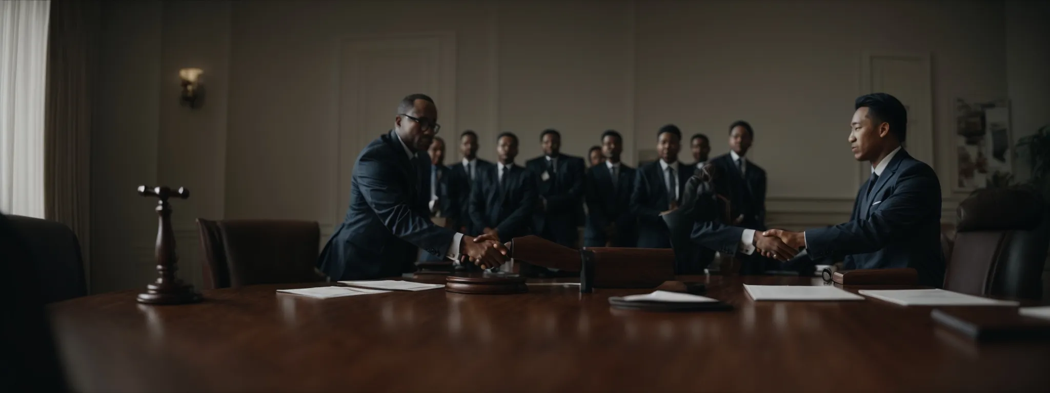two professionals shaking hands across a conference table, with legal documents and a gavel laid out in front of them.