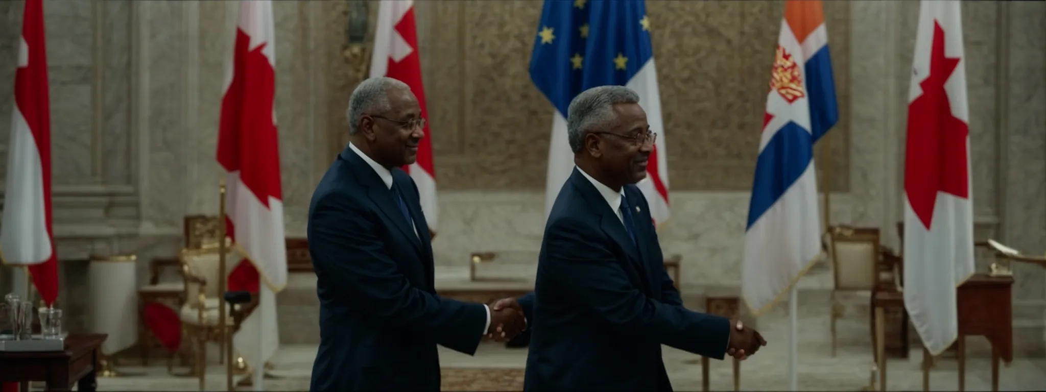 two diplomats shaking hands in front of national flags, symbolizing a resolved trade dispute.