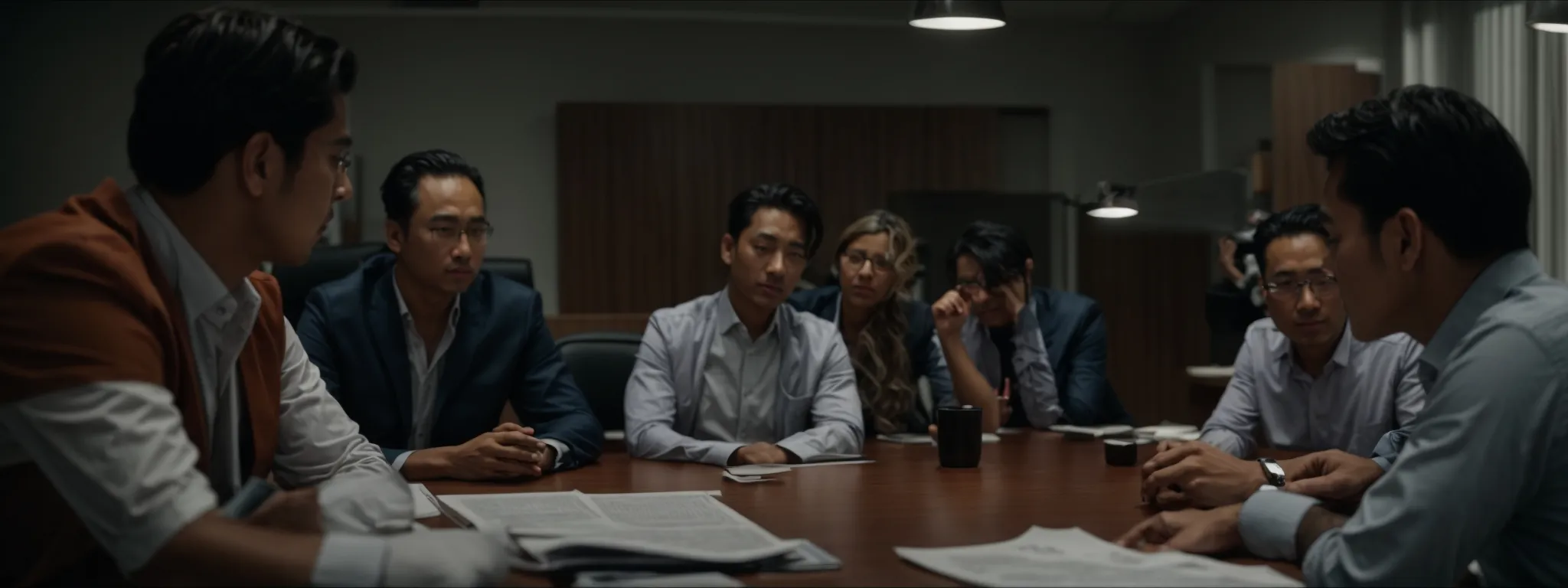 a group of professionals gathers around a conference table, reviewing documents and discussing strategies.