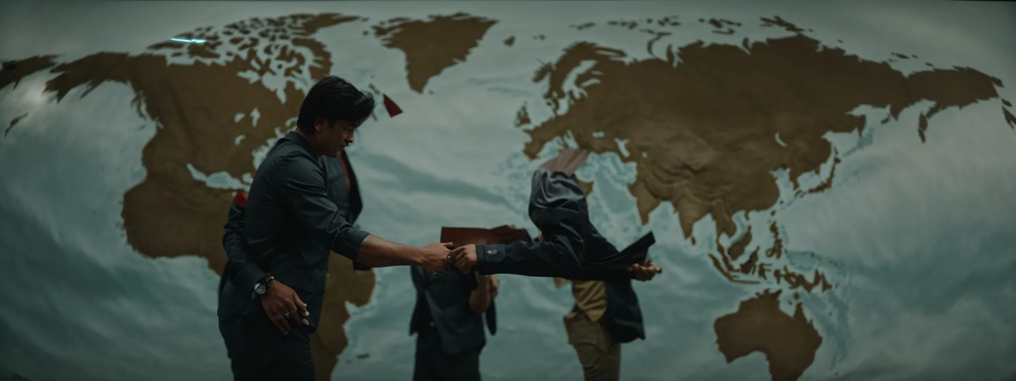 two professionals shaking hands in front of a world map, symbolizing a global agreement and Transparency In International Arbitration
