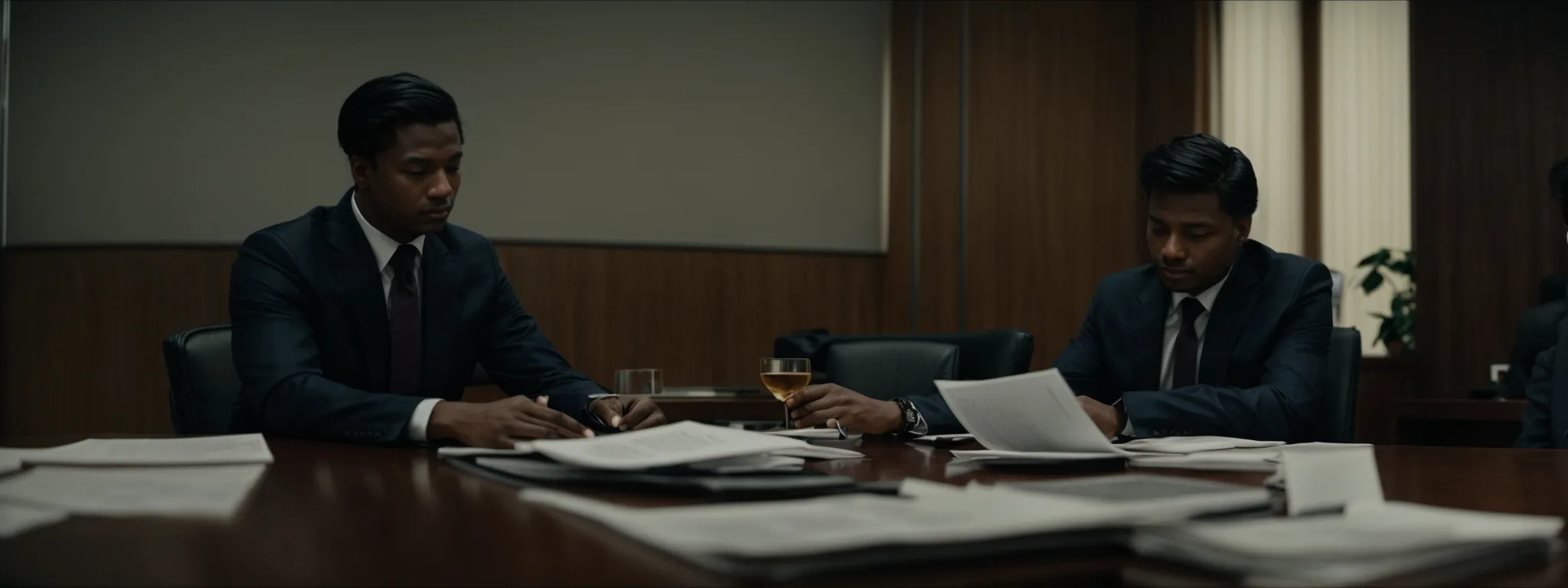 two individuals in formal attire are seated across a table in a neutral, well-lit conference room, engaged in a focused discussion, with documents spread out in front of them.