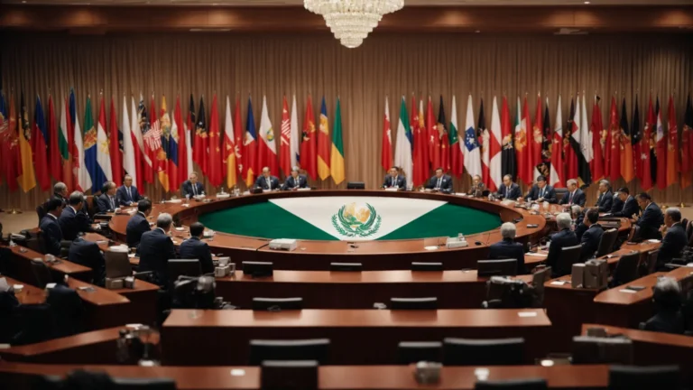 a global summit room with country flags, where international delegates sit around a large oval table discussing policies.