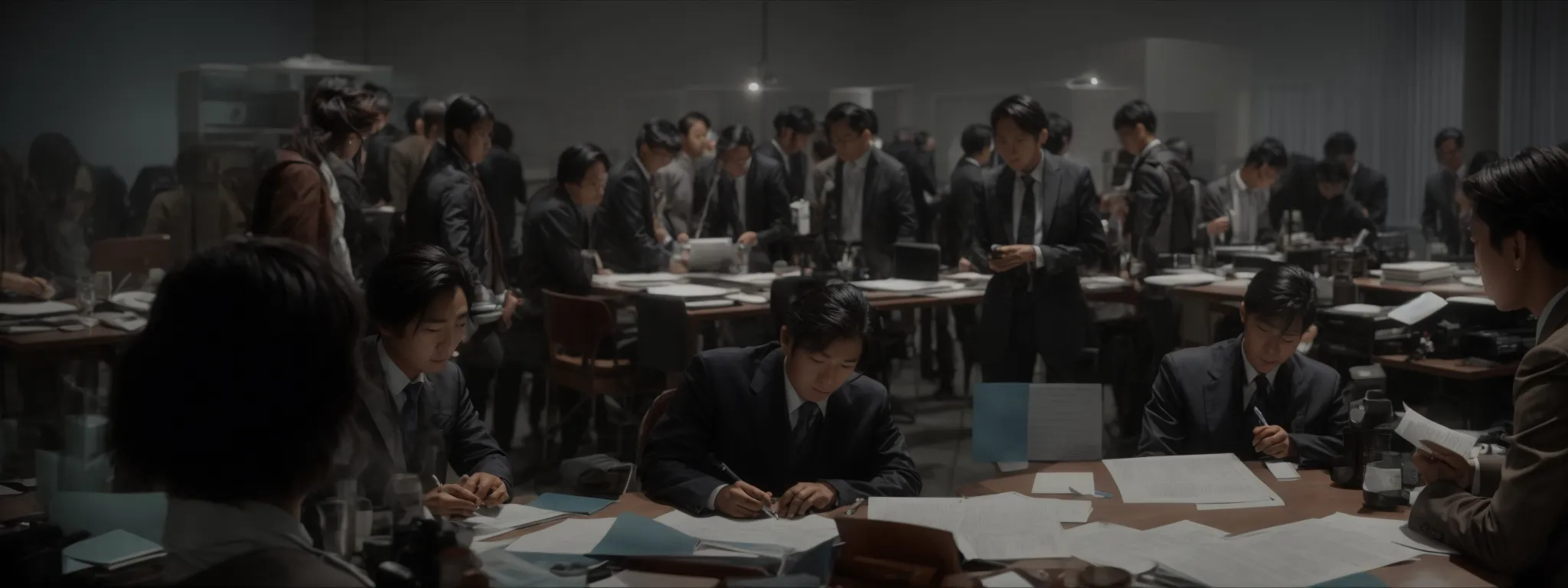 a group of professionals gathered around a large table, analyzing documents and charts.