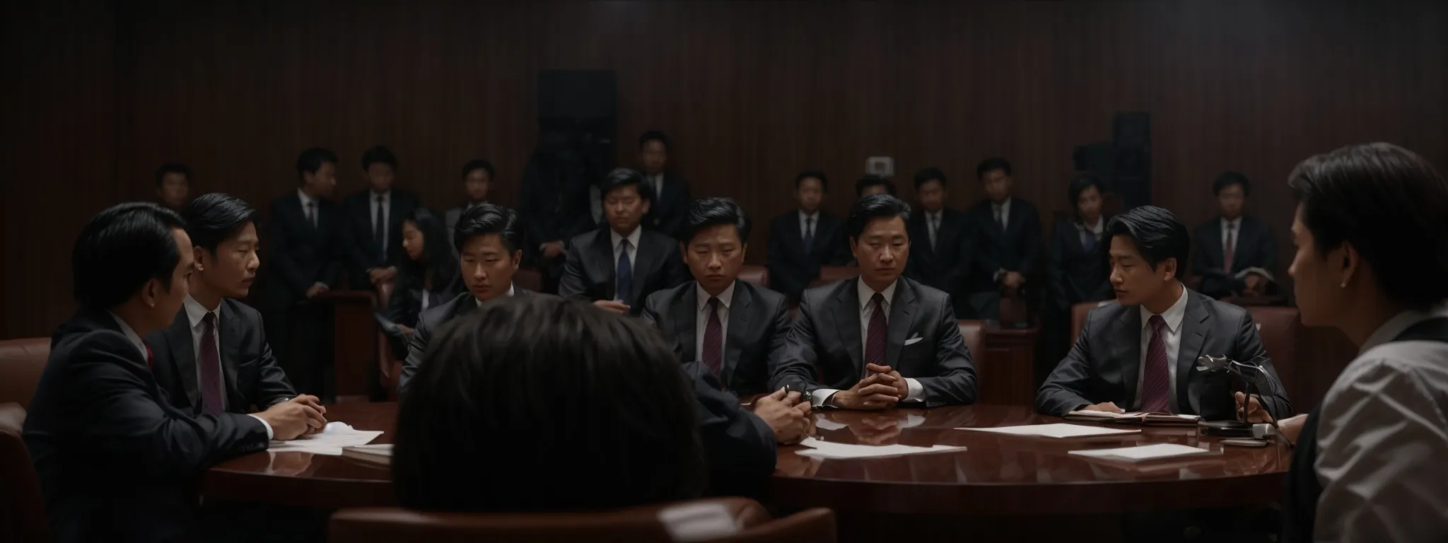 a group of legal professionals gather around a large, round table, deeply engaged in discussion with a globe in the center.