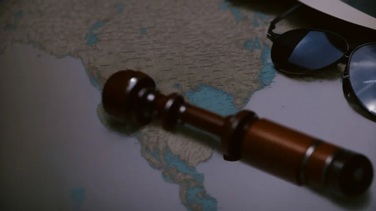 a gavel resting beside a globe, with a stack of legal books in the background.