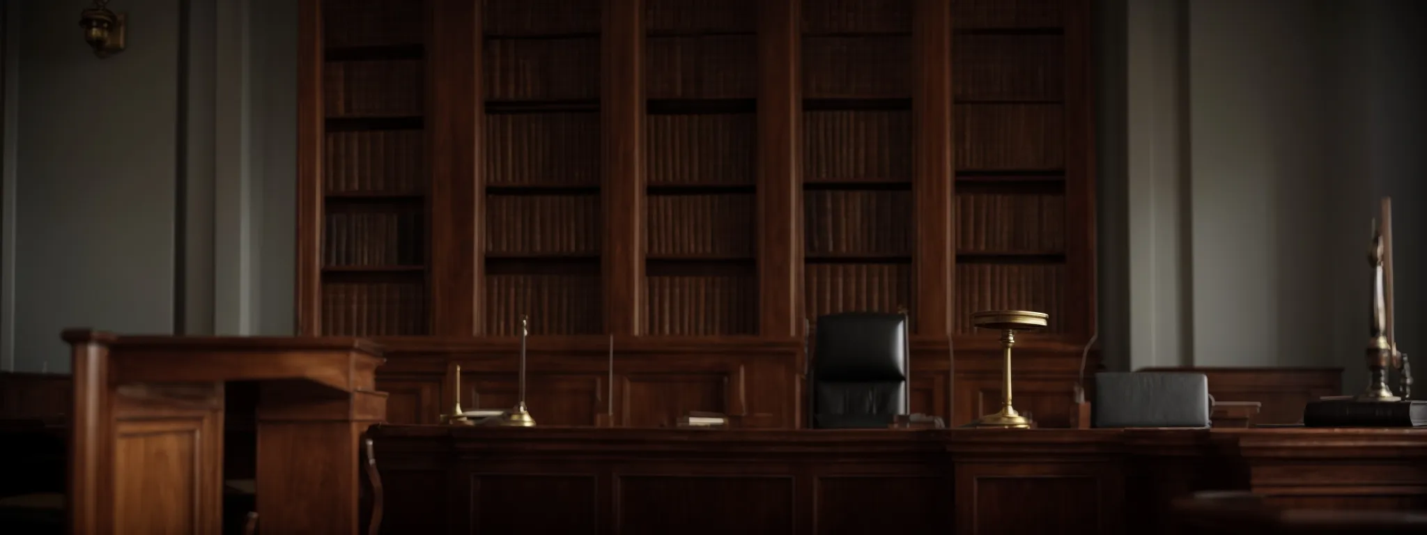a courtroom with towering bookshelves filled with legal books and a gavel resting on its stand, symbolizing the gravity of legal precedents in dispute resolution. International arbitration vs litigation