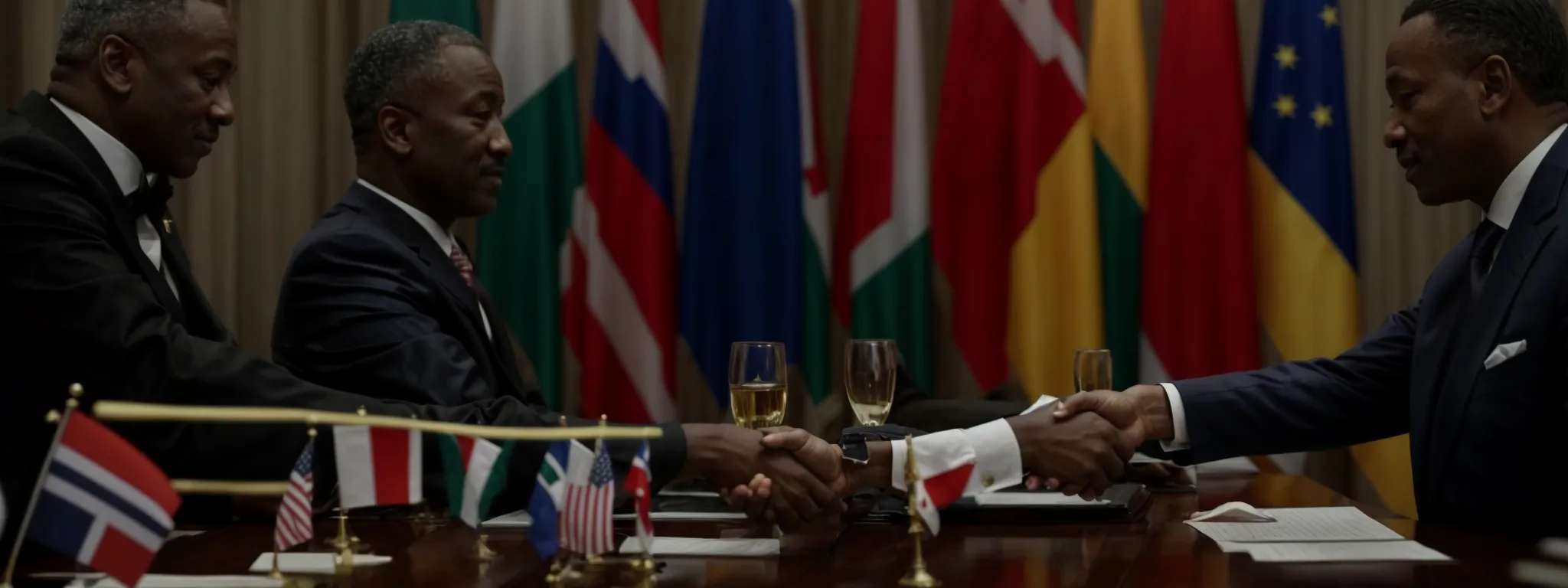 two diplomats shake hands over a table, sealing an international agreement, with flags of their respective countries in the background.