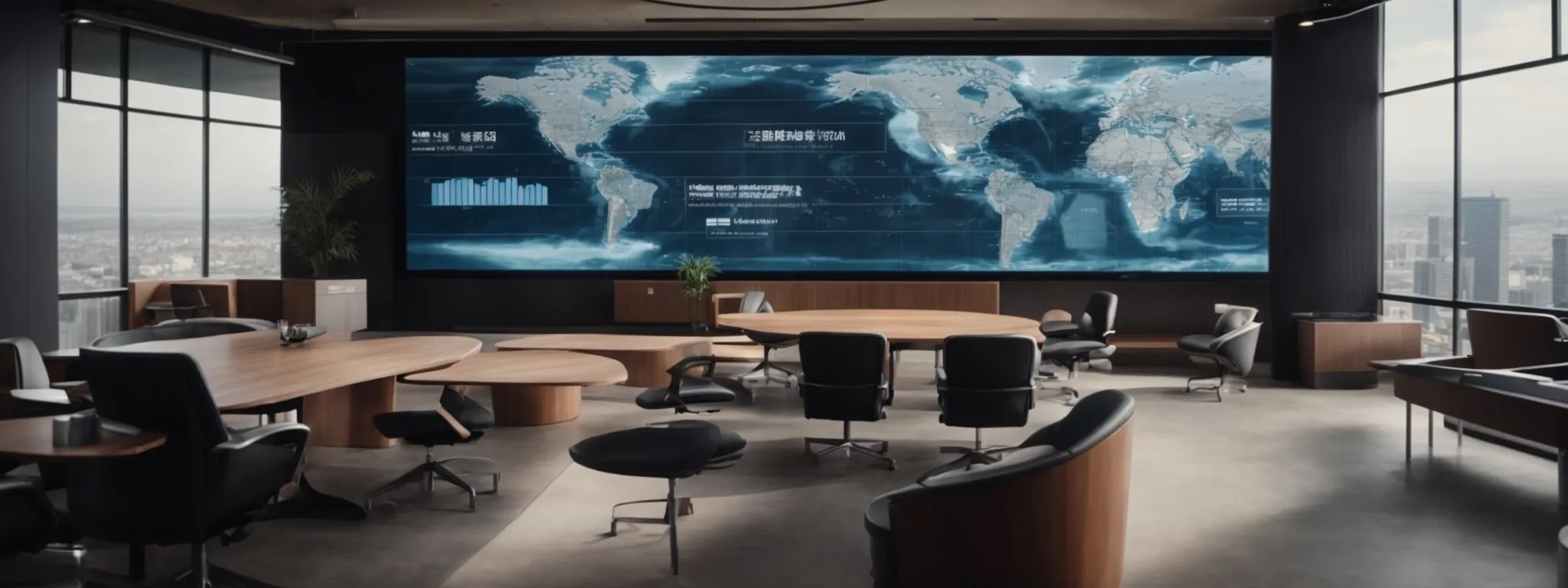 a sleek conference room with a large digital screen displaying a global trade map, surrounded by futuristic, minimalistic furniture.