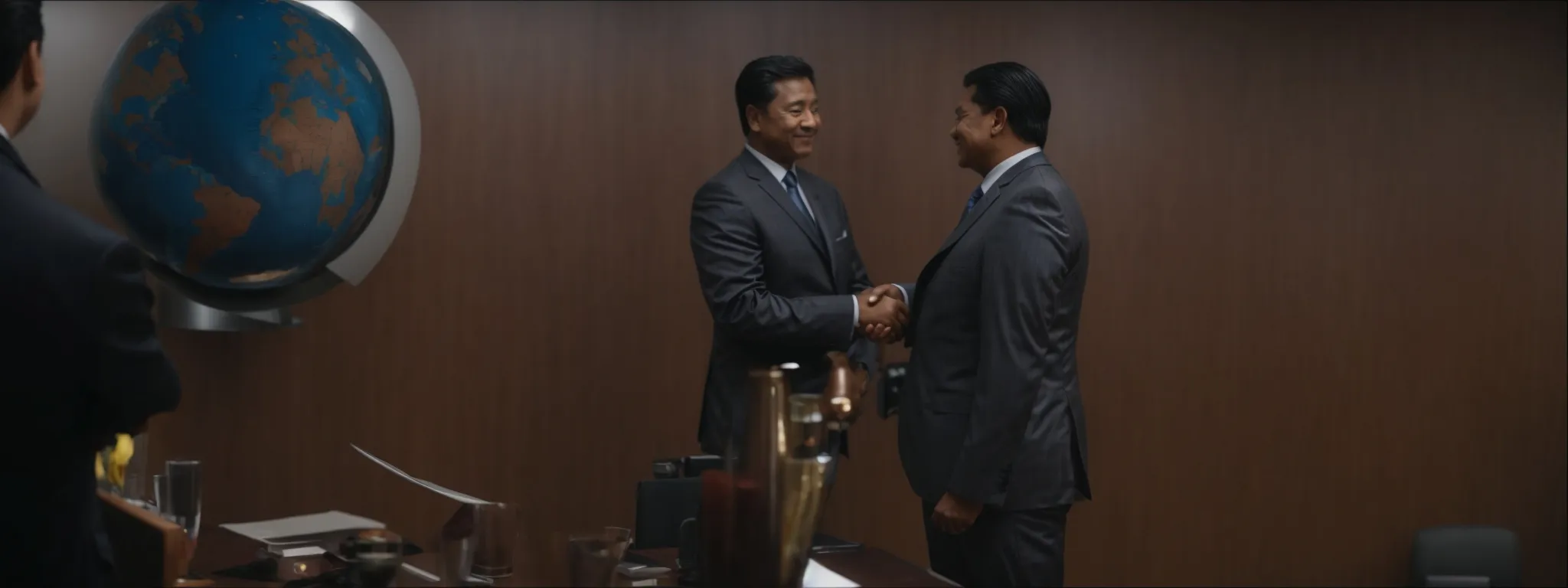 two executives shaking hands over a globe, symbolizing a global investment agreement.