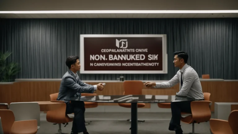 a handshake between two people in a conference room with a visible "non-compete clauses banned" sign on the wall.