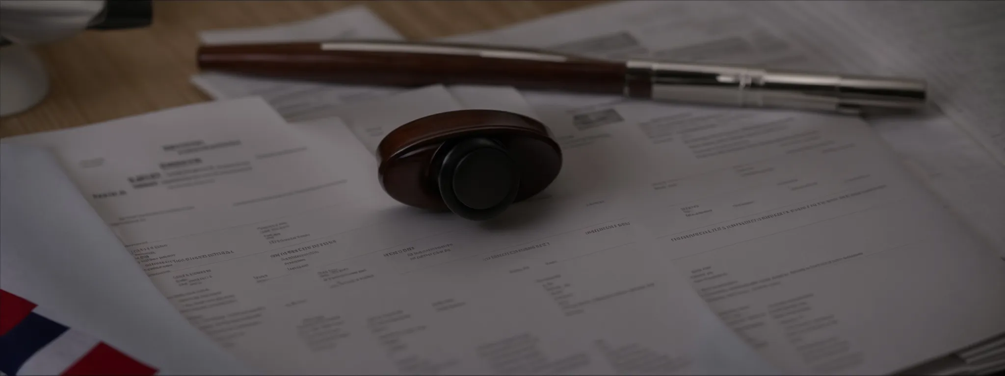 a gavel rests atop a stack of legal documents, with national flags in the background.