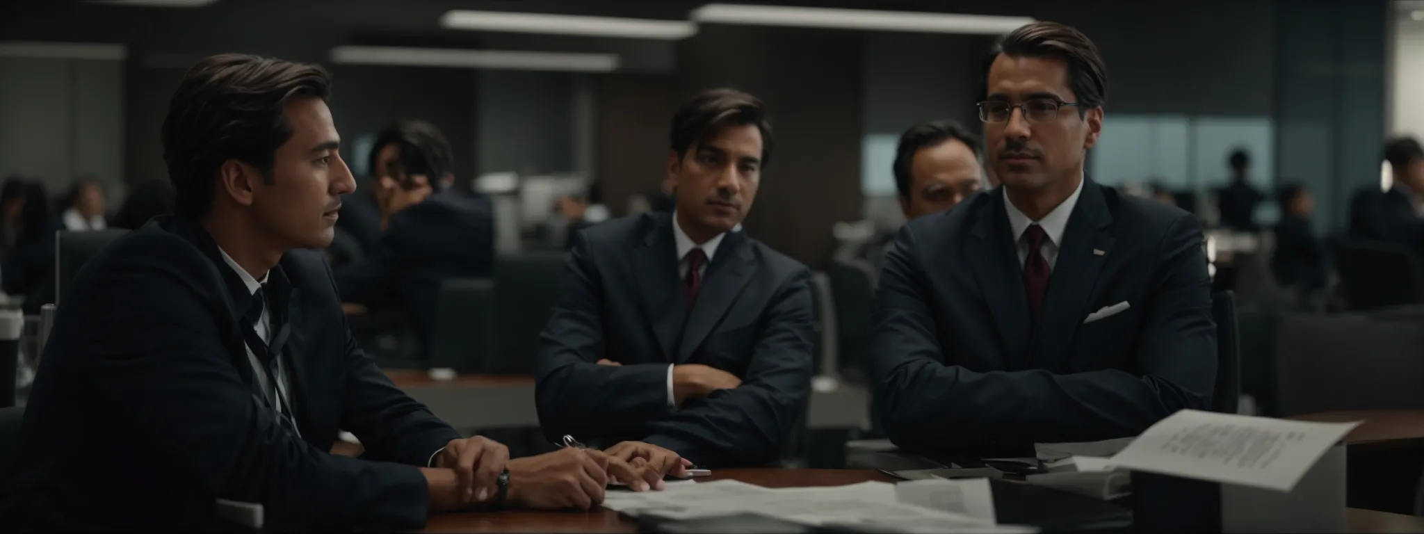 two professionals sit across from each other at a table, intensely discussing a document between them in a modern office setting.