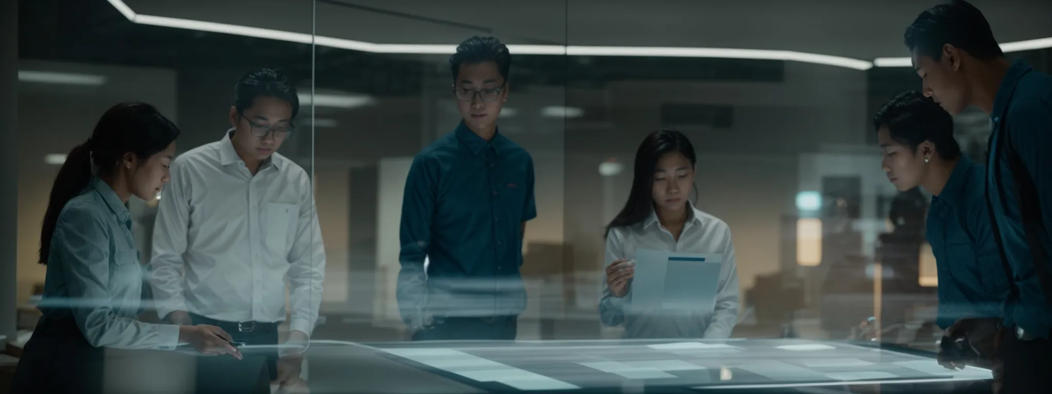 a group of individuals gathers around a large, transparent touchscreen display, reviewing and selecting documents in a futuristic, brightly lit office environment. Transparency In International Arbitration