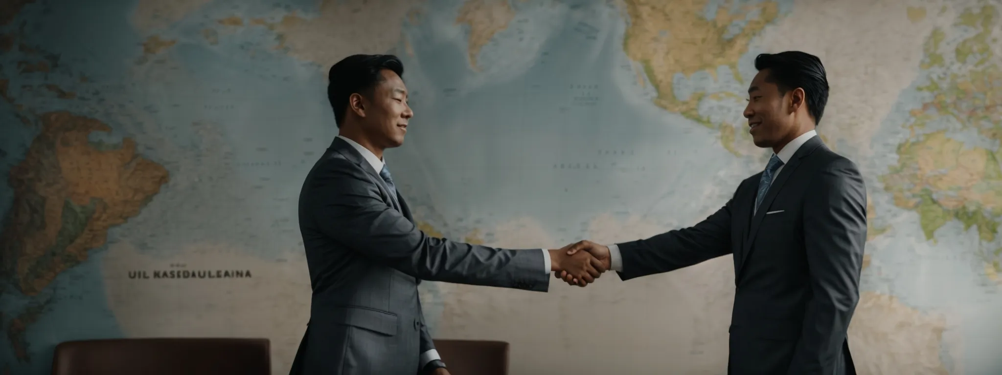 two business professionals from different cultural backgrounds shaking hands in front of a world map, signaling the beginning of a partnership.