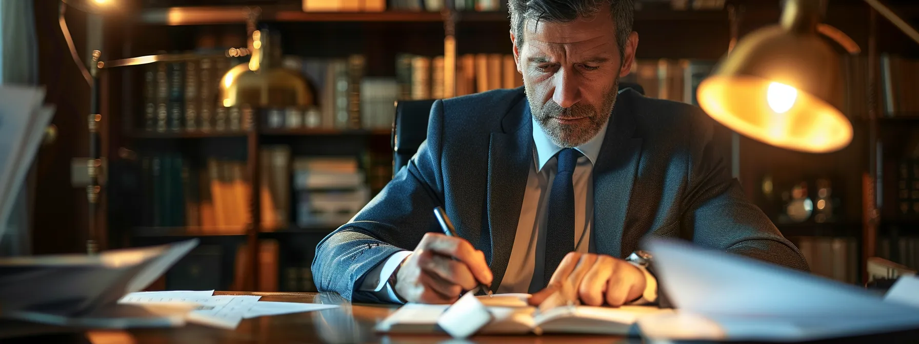 a lawyer analyzing a case study with a serious expression.