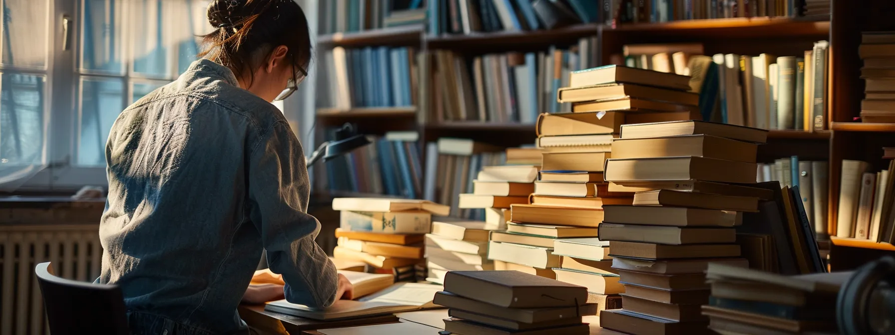 a person carefully arranging and organizing stacks of books on a desk.
