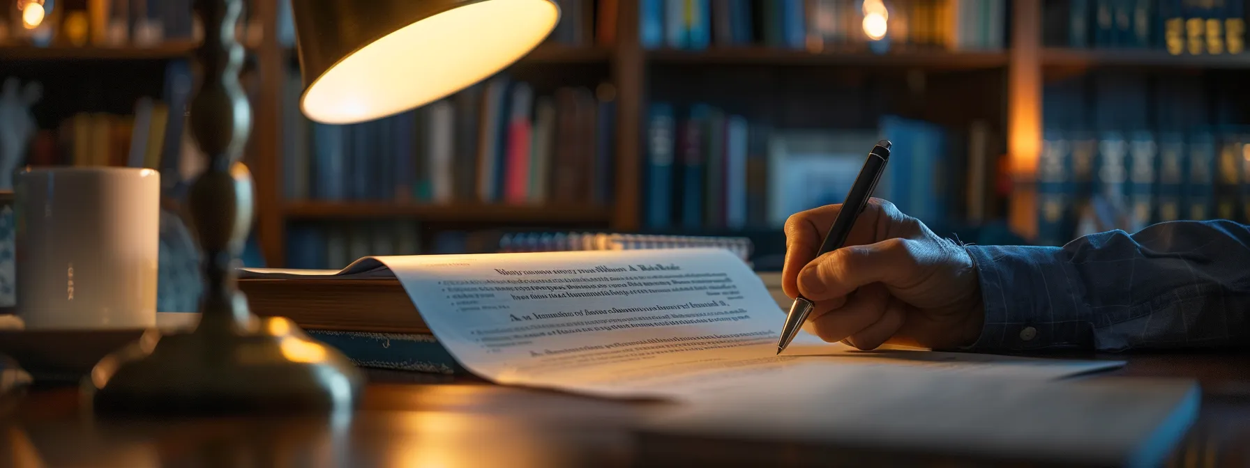 a person filling out a notice of arbitration form with books on intellectual property law in the background.