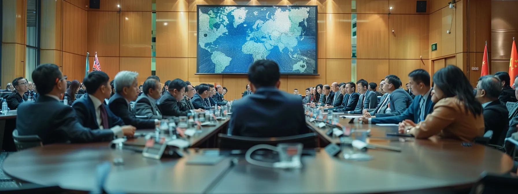 an international arbitration meeting with representatives discussing intellectual property disputes.