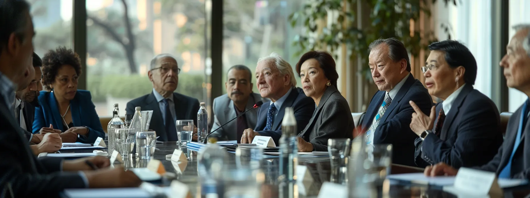 a diverse group of diplomats discussing international trade agreements at a conference table.
