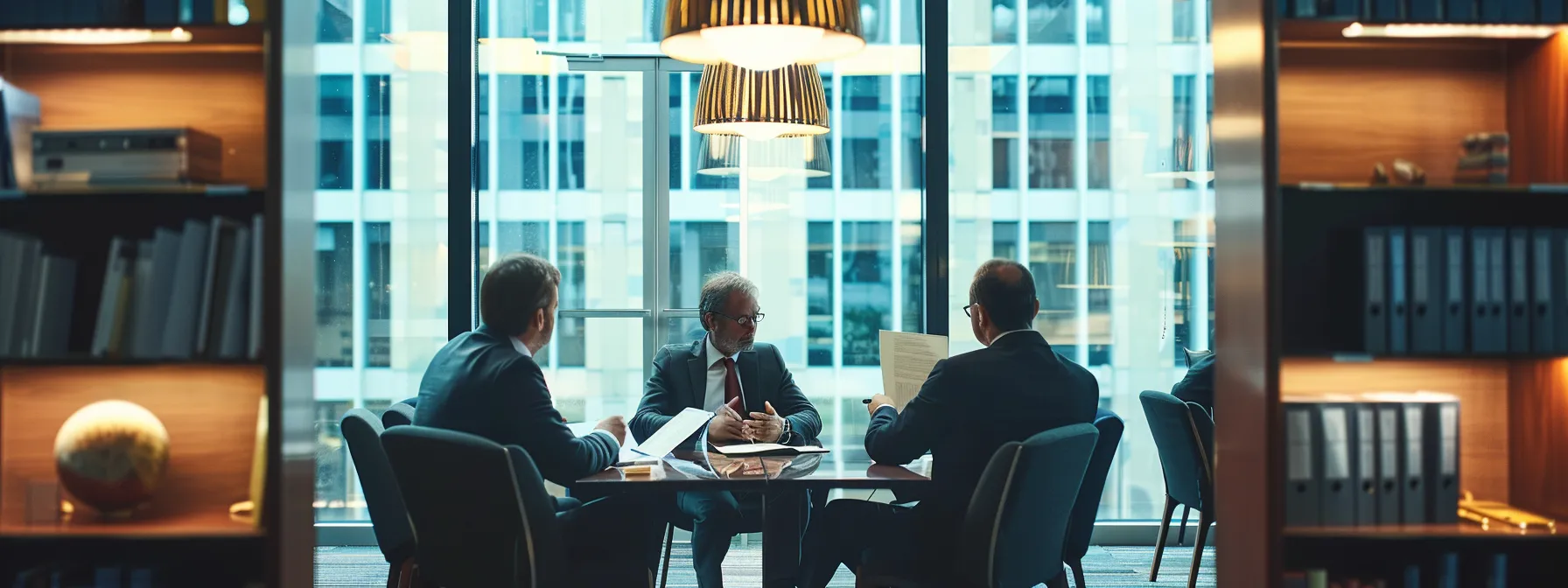 a group of lawyers discussing international law principles in a modern office.
