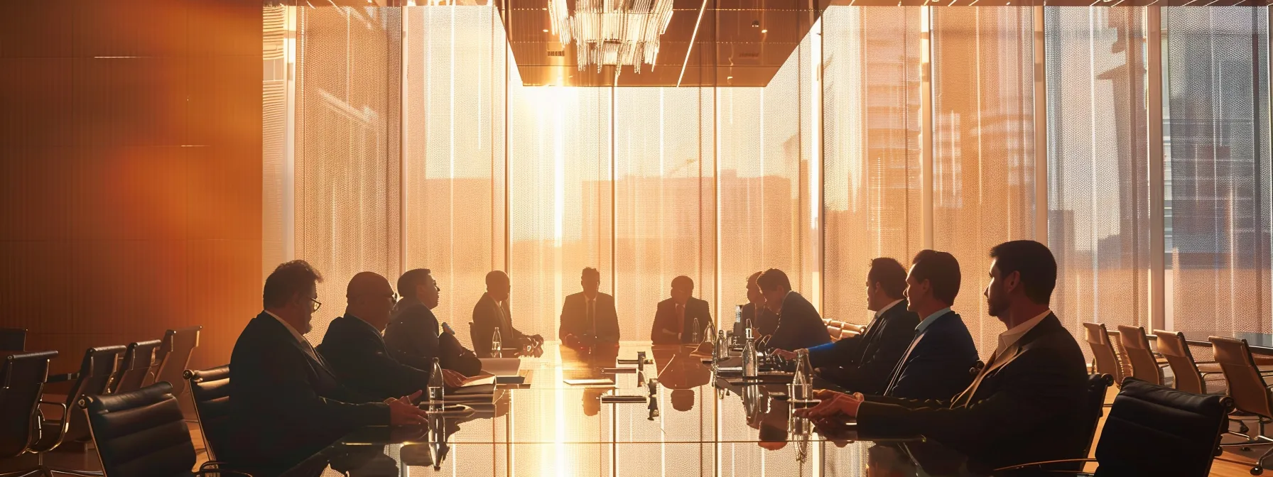 a group of lawyers discussing international investment agreements in a modern conference room.
