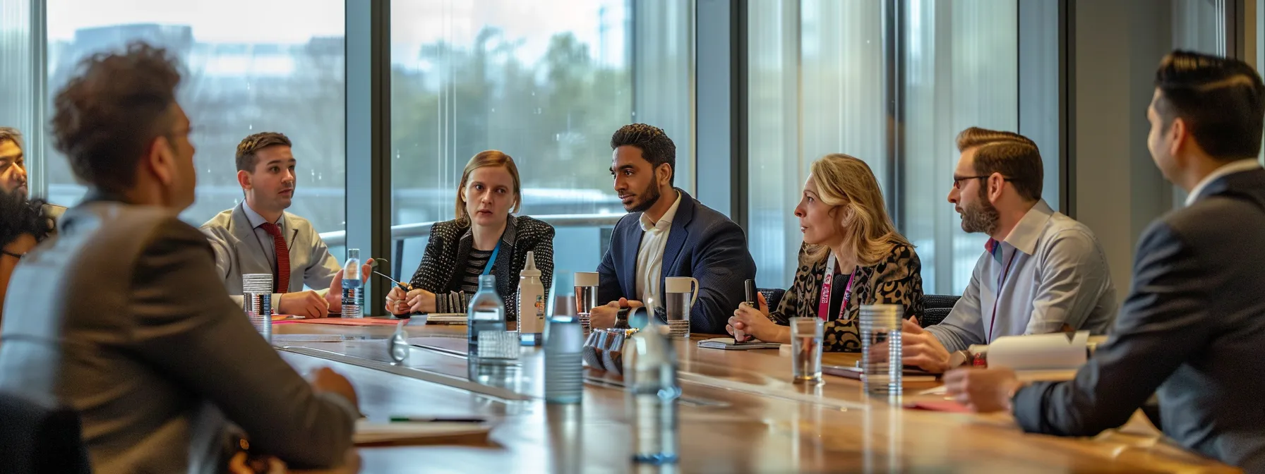 a group of international investors engaged in discussions about fair and equitable treatment in a modern conference room.