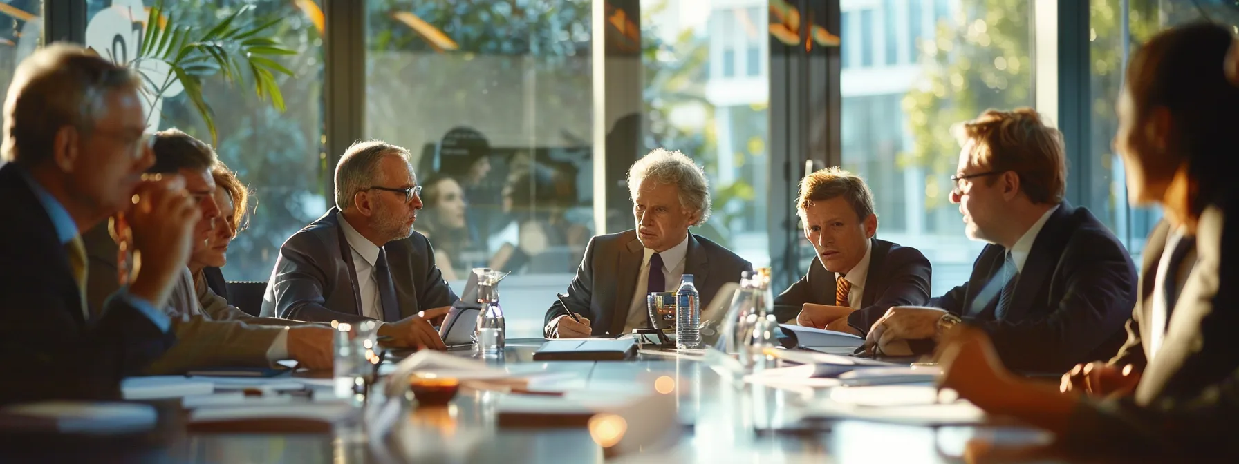 a group of diplomats engaged in intense discussions over treaties at a conference table.