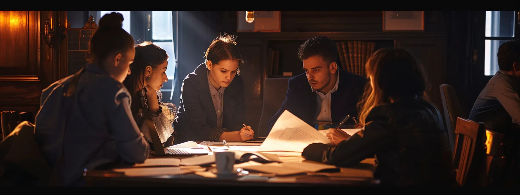 a group of people engaged in a heated discussion around a table covered in legal documents.