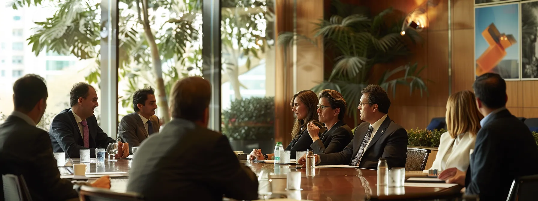 a group of international law experts intensely debating state obligations under the fair and equitable treatment standard in a modern boardroom setting.