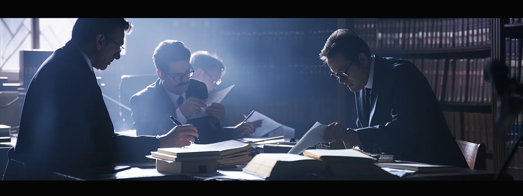 a group of lawyers preparing legal documents and evidence for an international tribunal defense case.