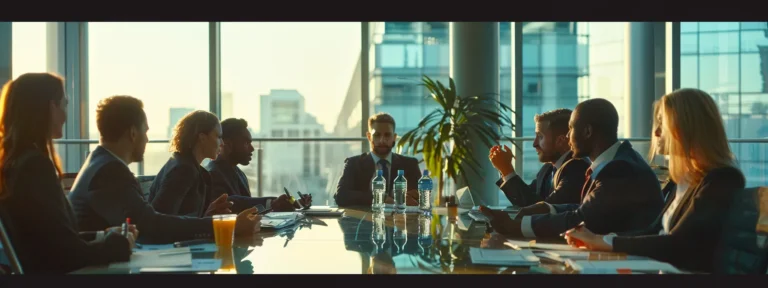 a group of people in suits discussing and exchanging ideas around a conference table.
