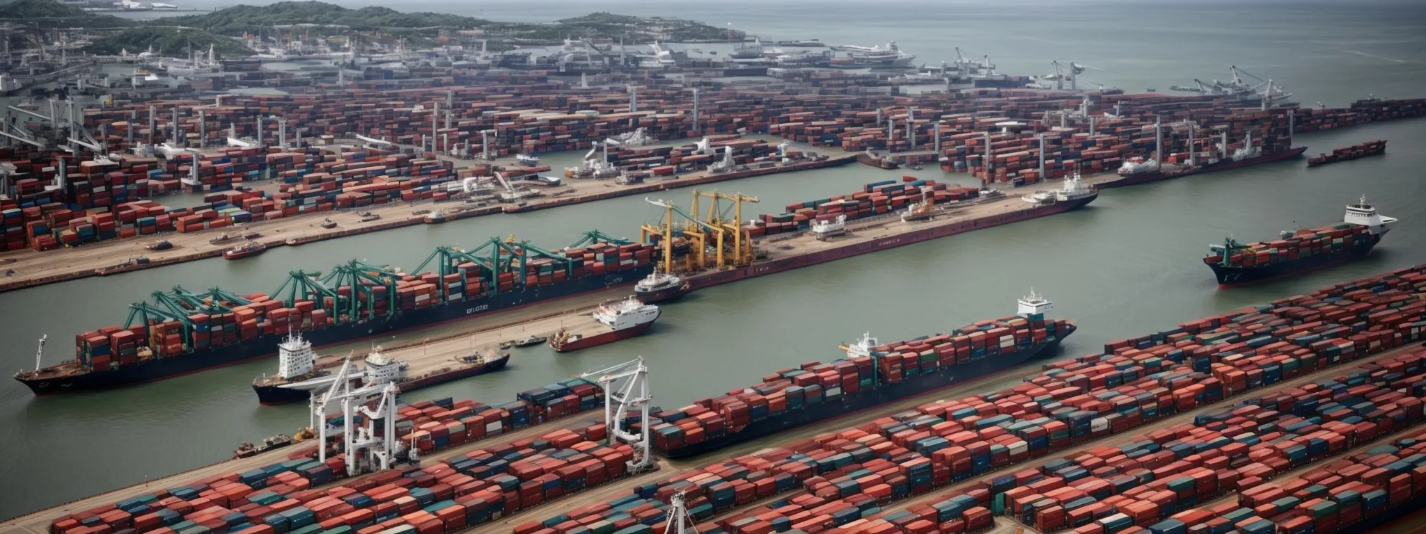 aerial view of a bustling port with cargo ships being loaded and unloaded, symbolizing international trade.