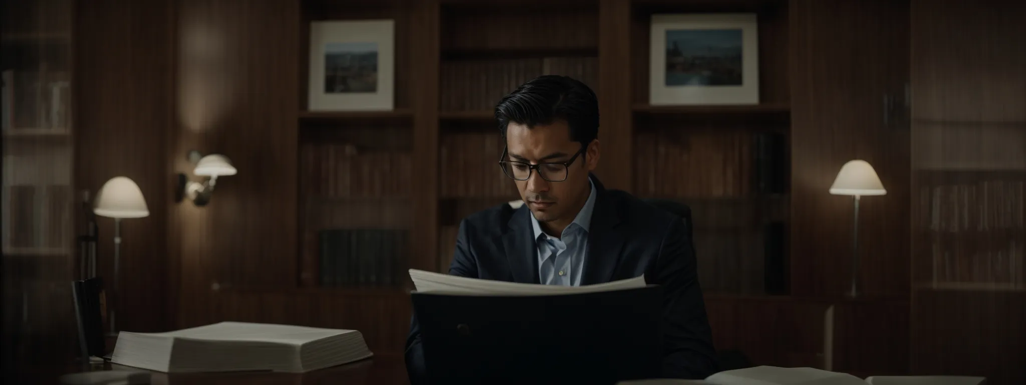 a legal professional reviews a large document in a quiet library setting.