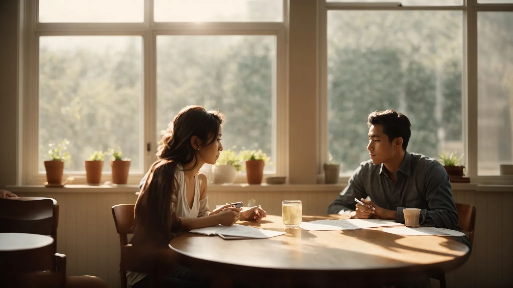 two individuals silently communicate across a table adorned only with water glasses and notepads, their focused expressions illuminated by the soft glow of sunlight filtering through nearby windows.