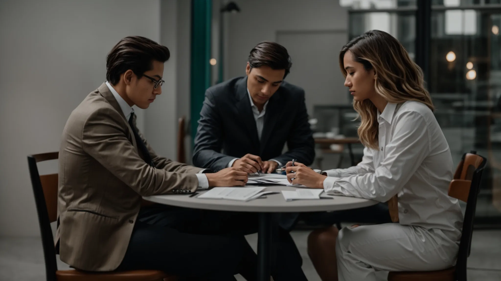 two professionals sit across from each other at a table, reviewing documents and discussing.