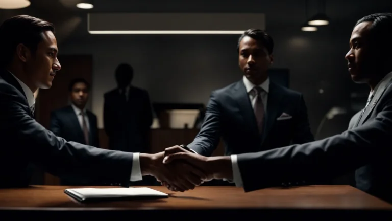 a suited individual shakes hands with another across a polished desk, with shadowy figures in the background.
