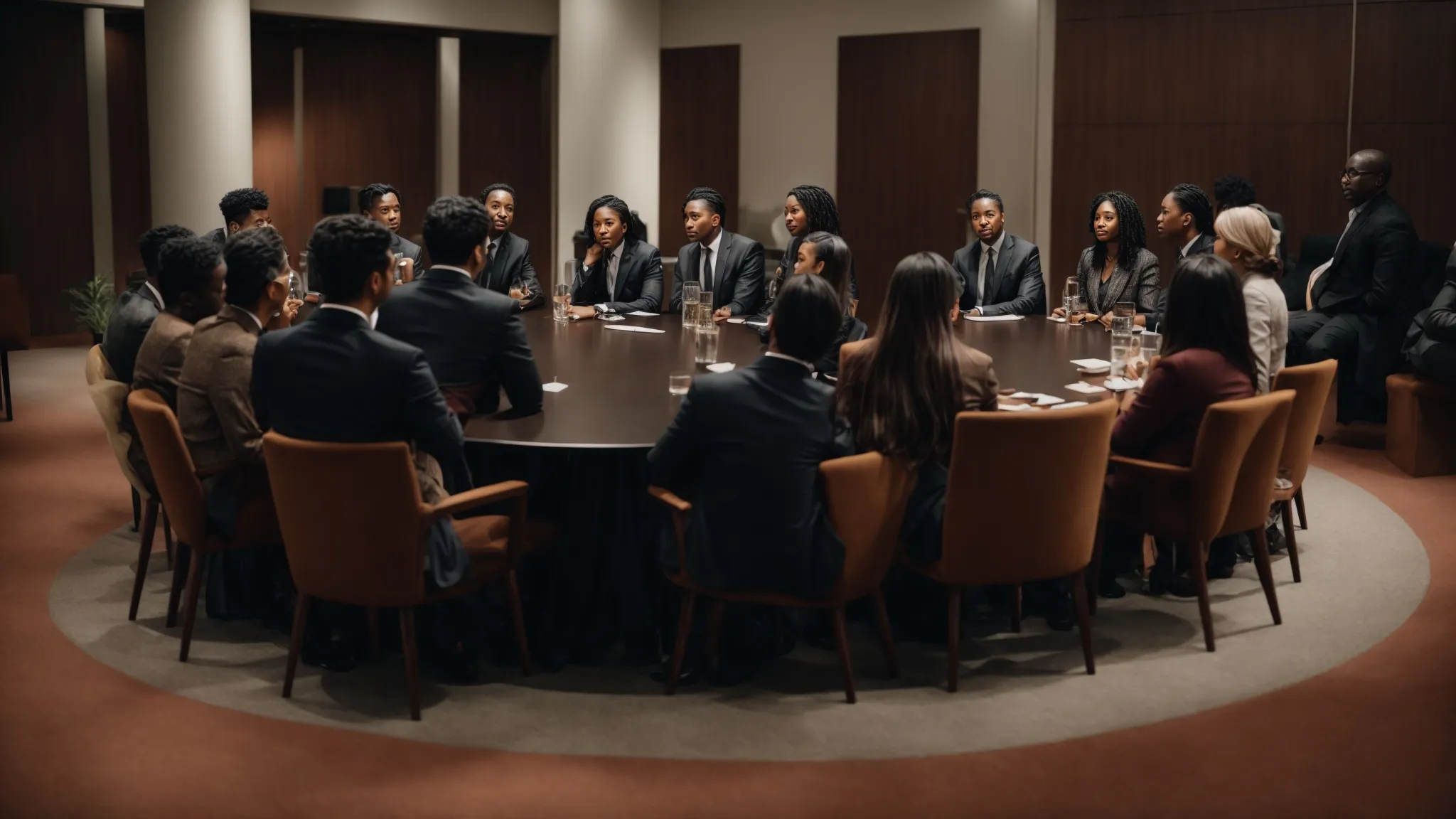 a roundtable with diverse individuals engaging in an animated discussion.