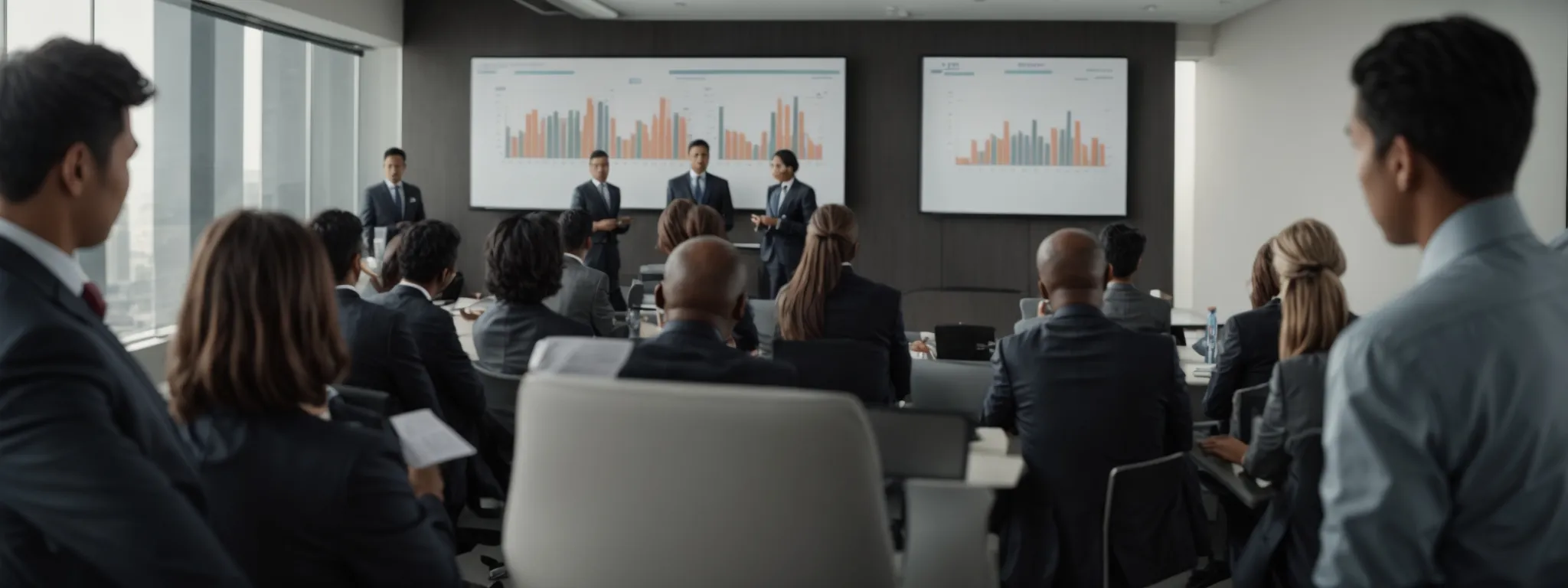 a businessman presents a financial chart to a diverse group of attentive listeners in a modern conference room.