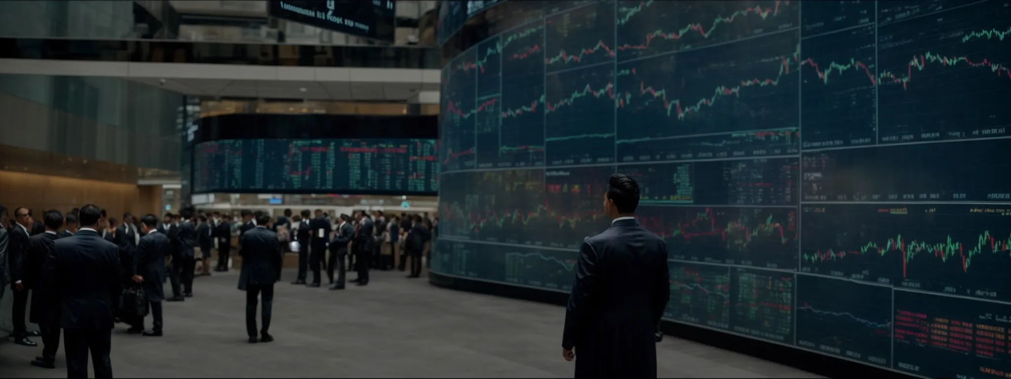 a panoramic view of wall street with diverse individuals looking at a large digital display of rising and falling stock charts.