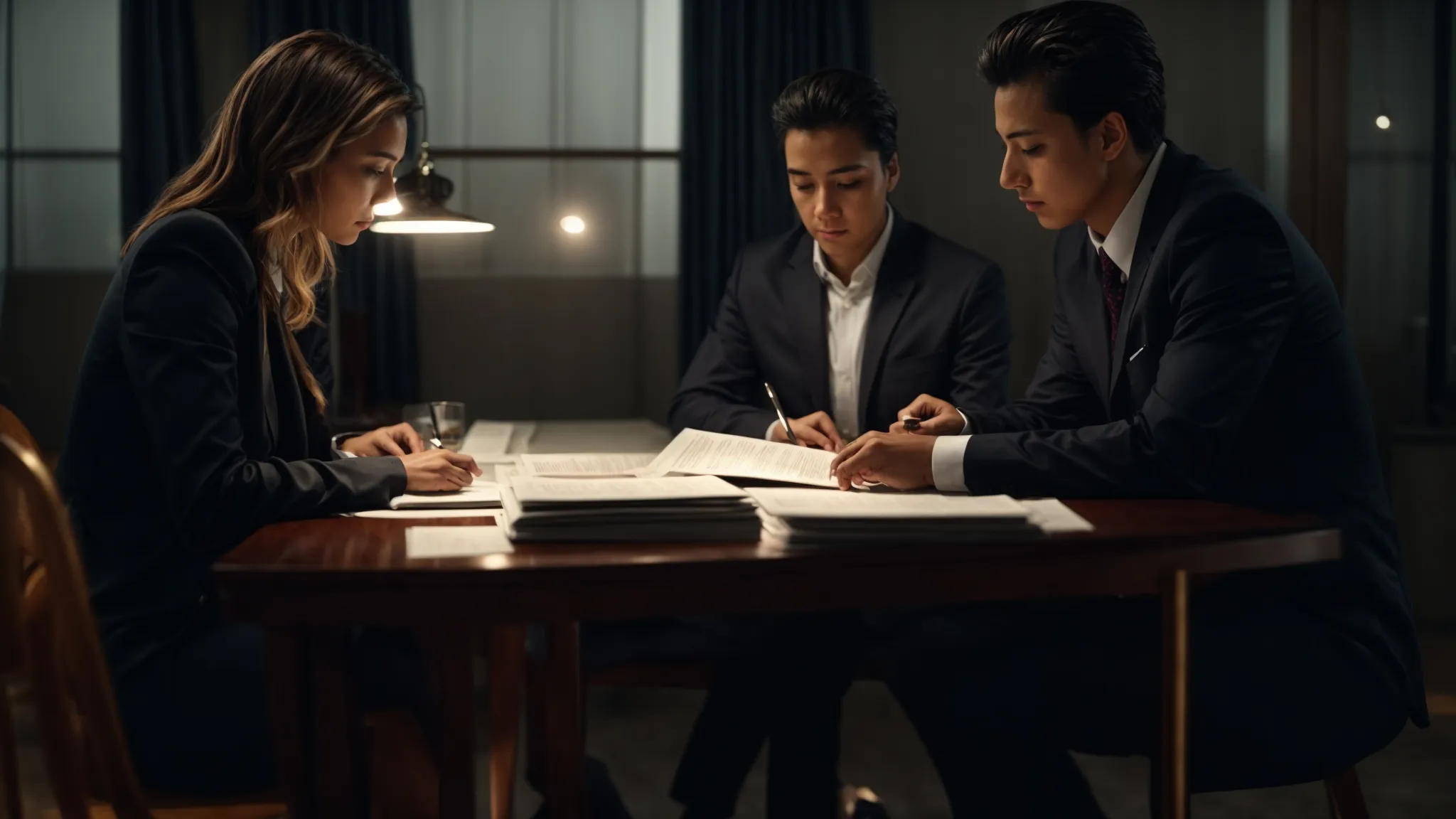 two professionals sit at a polished table, examining documents and discussing intently under soft lighting.