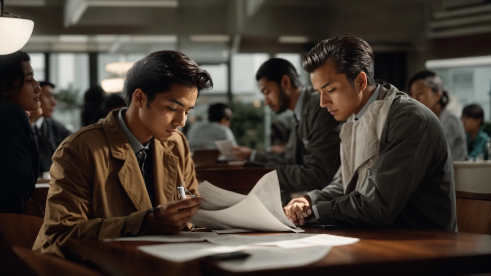 two people sit across from each other at a table, examining documents and discussing them intently.