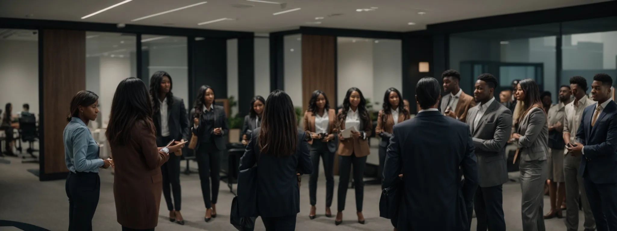 a group of entrepreneurs presents a pitch to a diverse audience in a modern office setting.