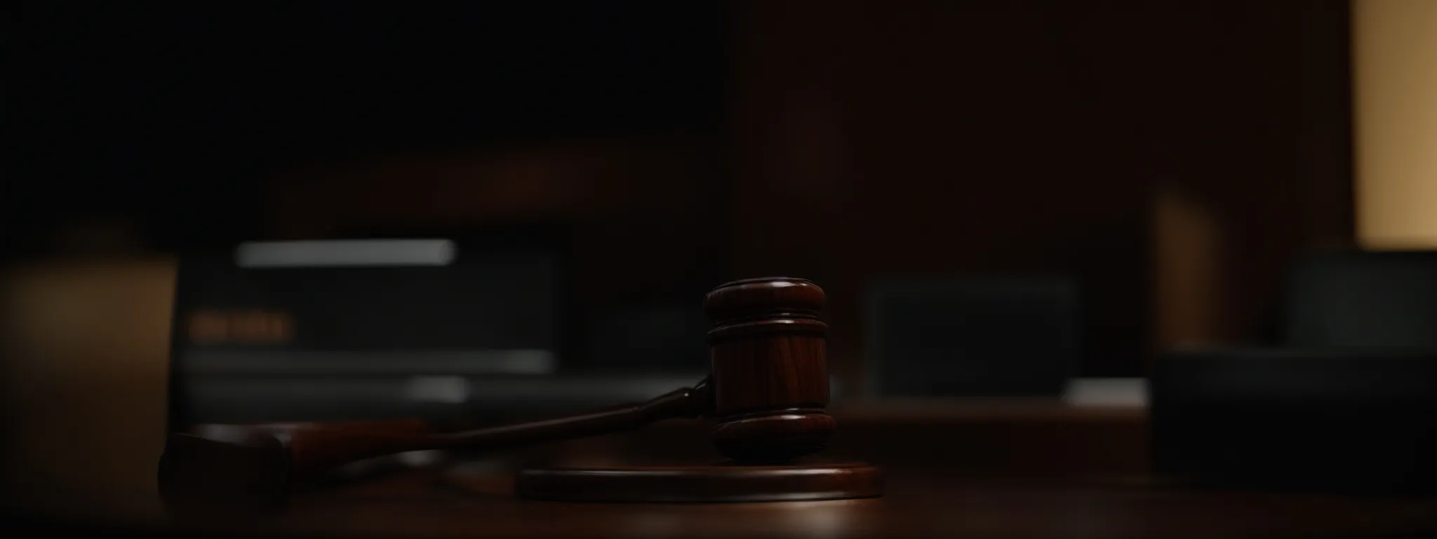 a gavel rests on a sleek, modern desk illuminated by the soft glow of a computer screen displaying a graph.