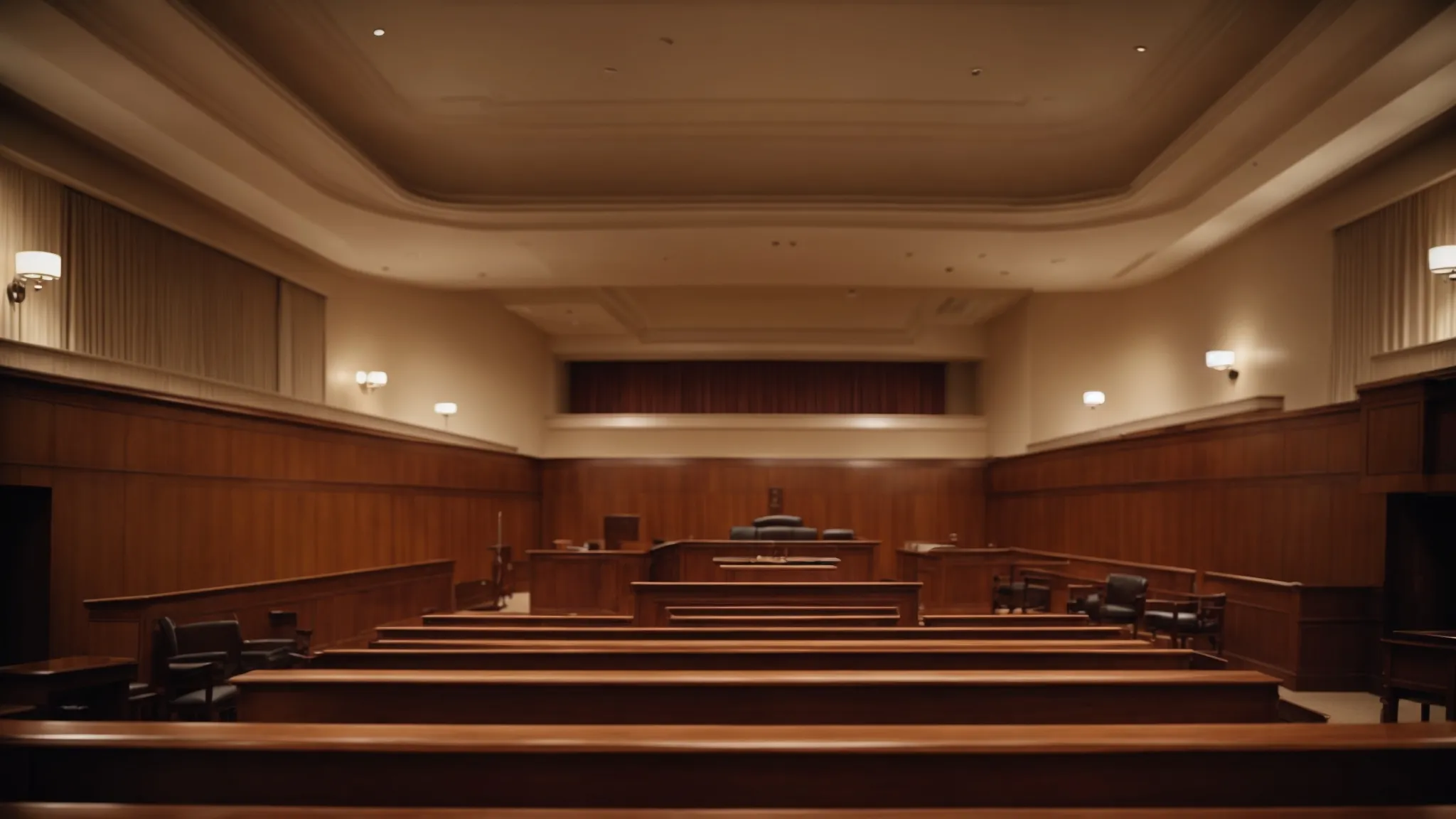 a wide-angle view of a grandiose courtroom with an empty judge's bench.