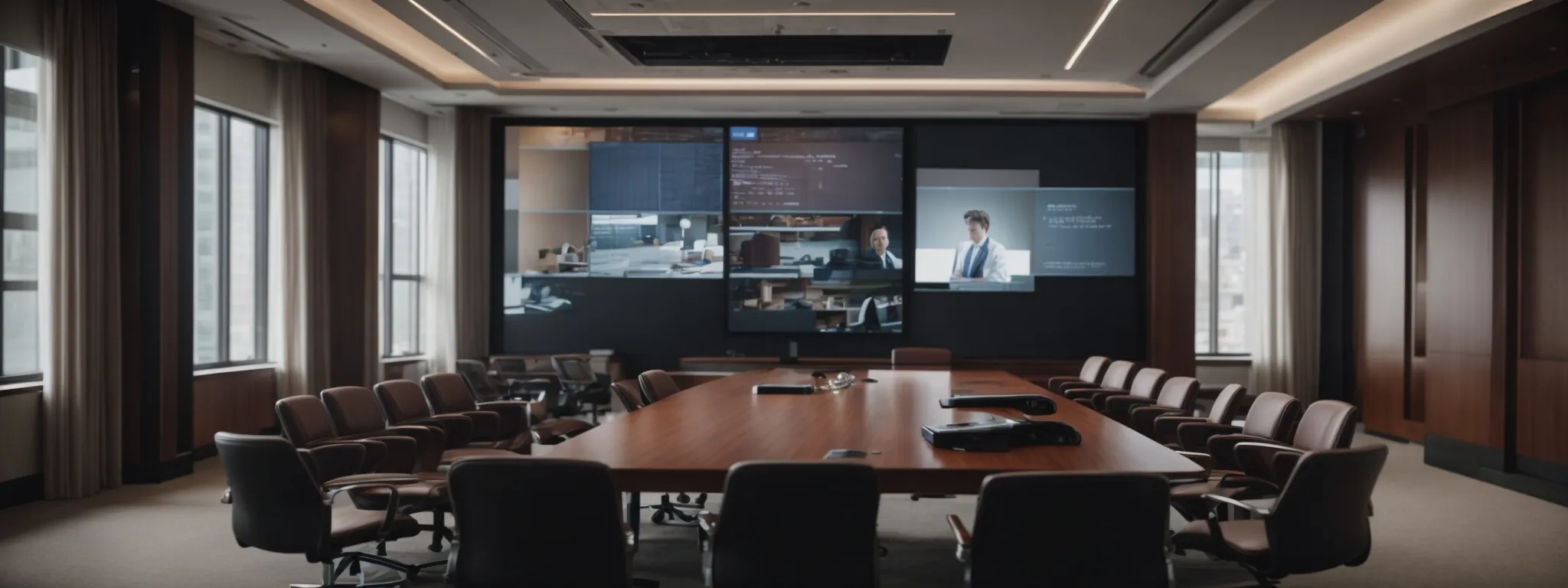a modern conference room with high-tech video conferencing equipment and an empty chair in front of a large screen displaying a global connection interface.