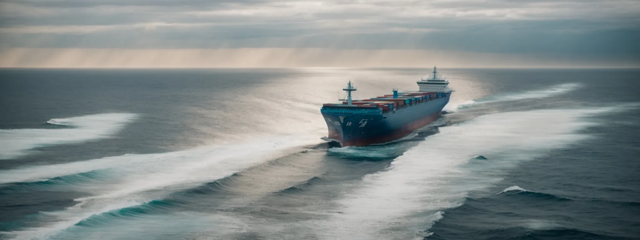 a cargo ship sails smoothly across a vast ocean, symbolizing international trade between distant lands.