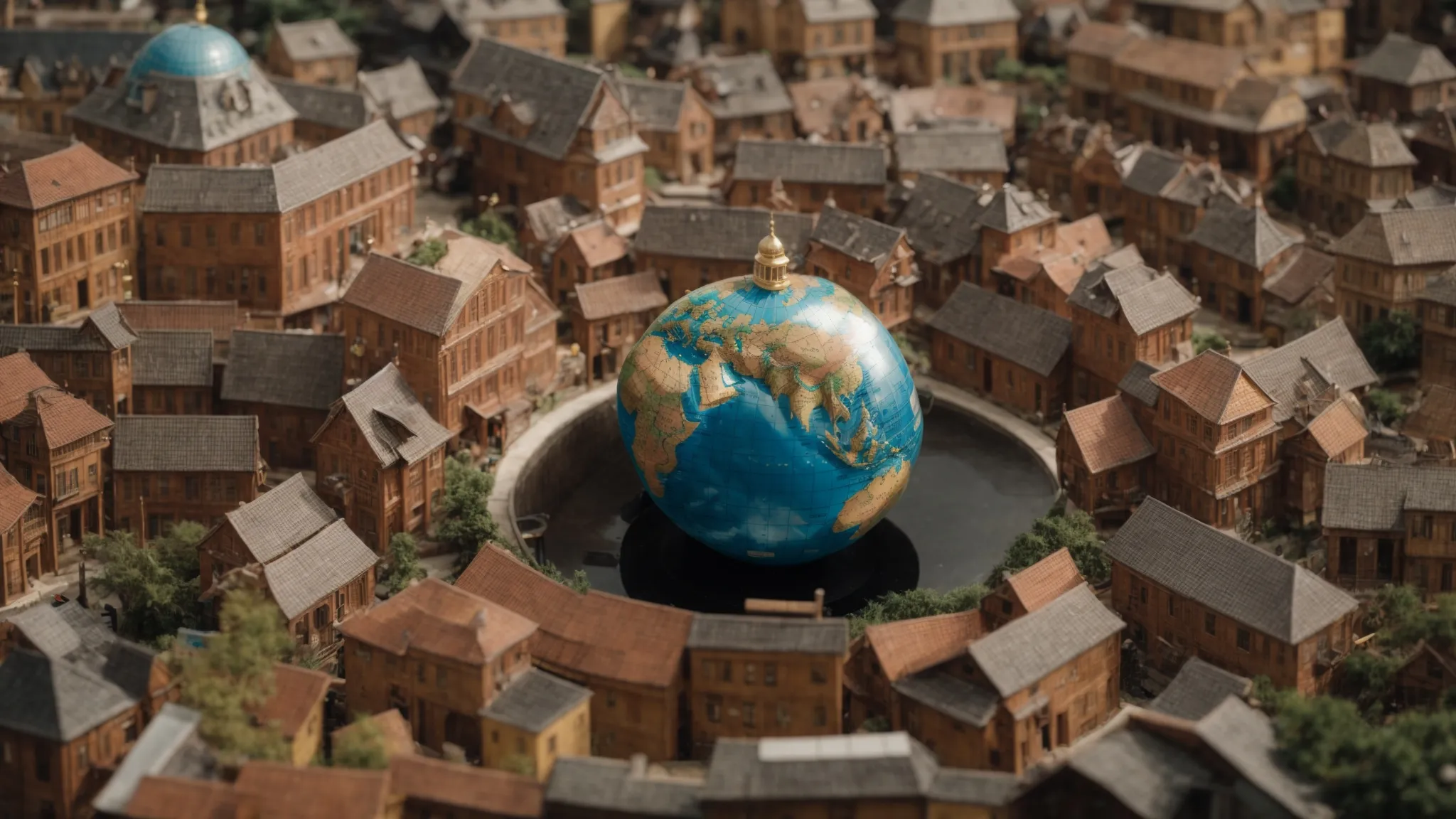 a globe surrounded by miniature buildings, representing different markets worldwide.